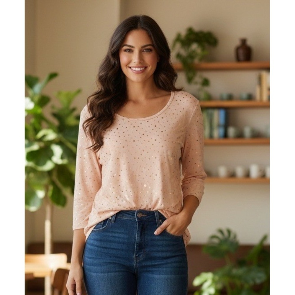 Susan Graver Style Polka Dot 3/4 Sleeve Top Women's XL Peach‎ Gold Tunic Casual